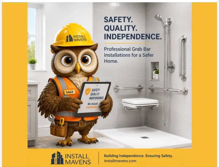 SAGE in a safety vest beside a walk-in shower with professionally installed grab bars; the graphic highlights safety, quality, and independence